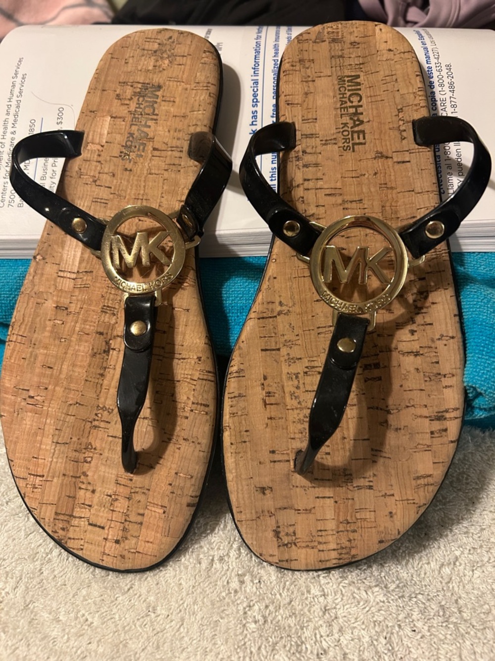 Michael Kors Black and Gold Logo Cork-Style Thong Sandals